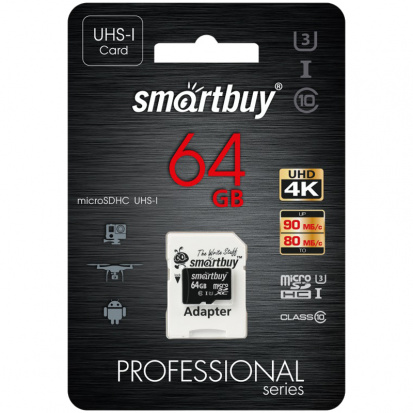 Карта памяти MicroSDXC 64GB PRO UHS-I, Class 10, скорость чтения 90Мб/сек (с адаптером SD)