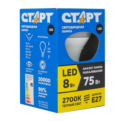 Лампа светодиодная Старт LED, 8W30, тип R "рефлектор", Е27, 2700К,теплый свет, 30000ч Лампа светодиодная Старт LED, 8W30, тип R "рефлектор", Е27, 2700К,теплый свет, 30000ч
