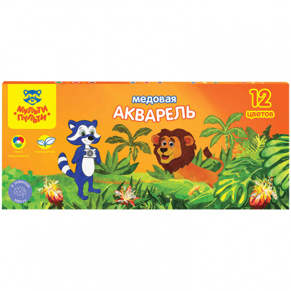 Акварель "Енот в джунглях", медовая, 12 цветов, без кисти, картон Акварель "Енот в джунглях", медовая, 12 цветов, без кисти, картон