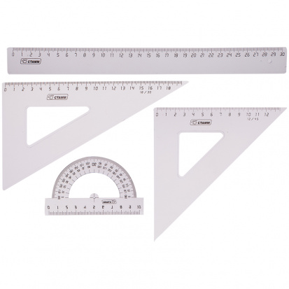 Набор чертежный большой, (треуг. 2шт., линейка 30см, транспортир), прозрачный бесцветный Набор чертежный большой, (треуг. 2шт., линейка 30см, транспортир), прозрачный бесцветный