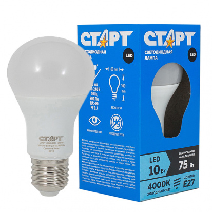 Лампа светодиодная Старт LED, серия "Стандарт" 10W40, тип А "груша", Е27,4000К,холодный свет, 30000ч Лампа светодиодная Старт LED, серия "Стандарт" 10W40, тип А "груша", Е27,4000К,холодный свет, 30000ч