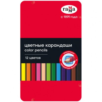 Карандаши цветные Гамма, 12цв, квадратные, заточен., метал. пенал