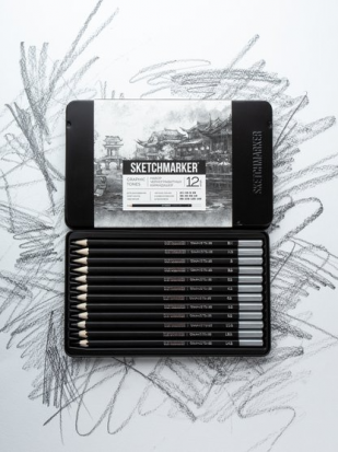 Набор чернографитовых карандашей Sketchmarker, 12 штук (2Н-14B), в металлическом пенале