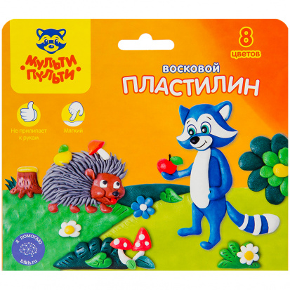 Пластилин "Енот в лесу", 08 цветов, 120г, восковой, со стеком, картон sela25
