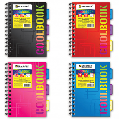 Тетрадь-блокнот 120 л, A5, 148x210мм, клетка, гребень, обложка пластиковая, 3 разделителя