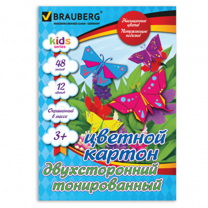 Картон цветной А4 ТОНИРОВАННЫЙ В МАССЕ, 48 листов 12 цветов, склейка, 145г/м2, A4