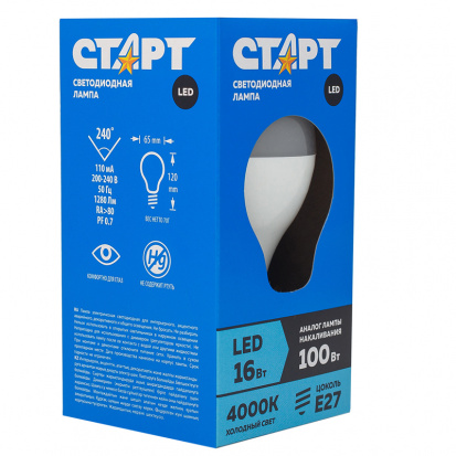 Лампа светодиодная Старт LED, серия "Стандарт" 16W42, тип А "груша", Е27, 4000к, теплый свет, 30000ч Лампа светодиодная Старт LED, серия "Стандарт" 16W42, тип А "груша", Е27, 4000к, теплый свет, 30000ч