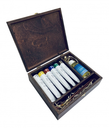 Краски масляные Гамма "Студия", 06 цветов, 10 предметов, в деревянном коробе