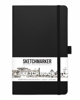 Блокнот для зарисовок Sketchmarker 140г/кв.м 13*21см 80л твердая обложка Черный
