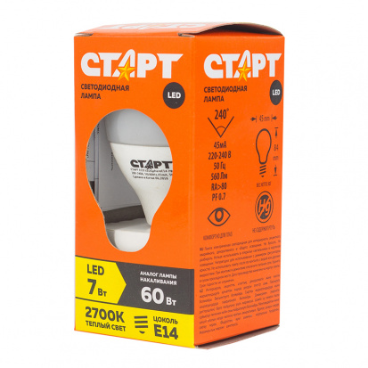 Лампа светодиодная Старт LED, серия "ЭКО" 7W30, тип G "шар", Е14, 2700К, теплый свет, 15000ч