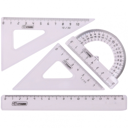 Набор чертежный малый, (треуг. 2шт., линейка 16см, транспортир), прозрачный, бесцветный