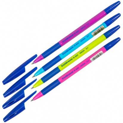 Ручка шариковая "R-301 Neon" синяя, 0,7мм, грип, корпус ассорти