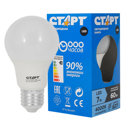 Лампа светодиодная Старт LED, серия "Стандарт" 7W40, тип А"груша", Е27,4000К, холодный свет, 30000ч