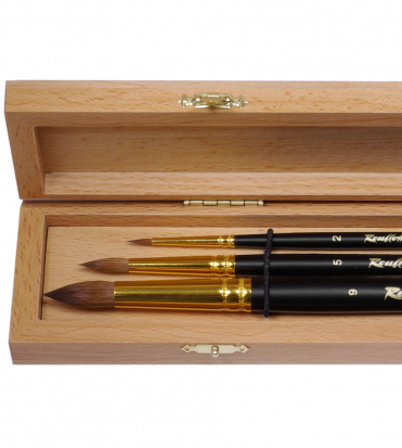 Набор №8. Три круглые кисти из волоса колонка на длинной ручке № 2, 5, 9, в буковой шкатулке