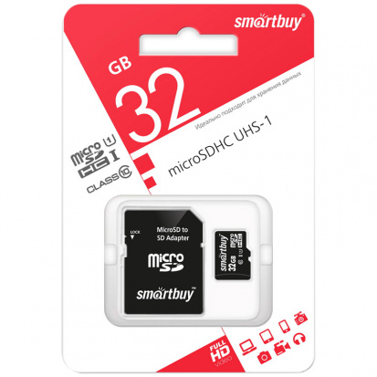 Карта памяти MicroSDHC 32GB, Class 10, скорость чтения 10Мб/сек (с адаптером SD)