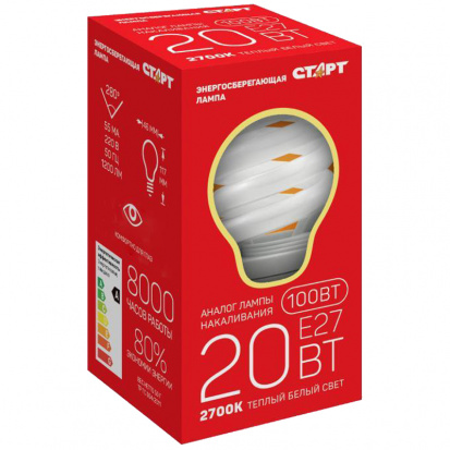 Лампа энергосберегающая Старт E 20W, SPC E27, 2700K 8Y, теплый свет