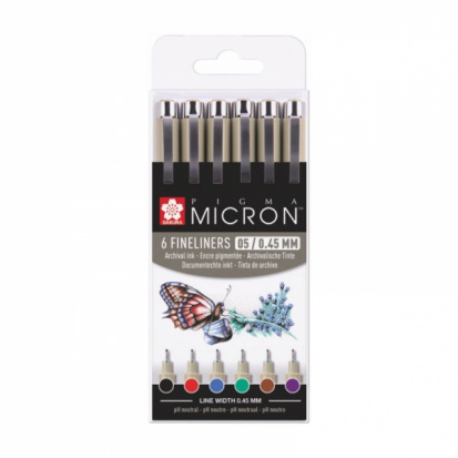 Набор капиллярных ручек "Pigma Micron", 6шт 0.45мм черный, фиолетовый, коричневый, зеленый, синий, к