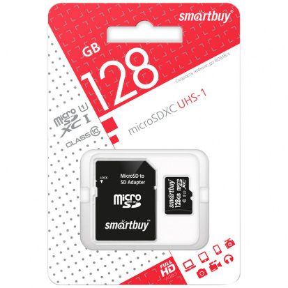 Карта памяти MicroSDXC 128GB UHS-1, Class 10, скорость чтения 80Мб/сек (с адаптером SD)