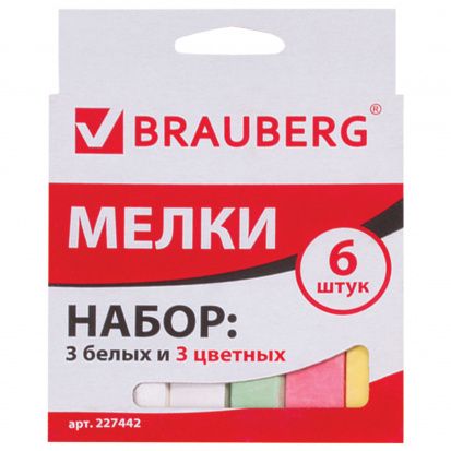 Мел, Набор 6 шт. (3 белых и 3 цветных), квадратный