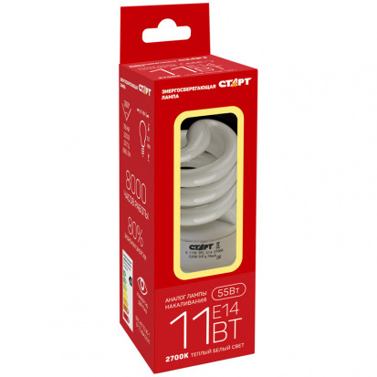 Лампа энергосберегающая Старт E 11W, SPC E14, 2700K 8Y, теплый свет