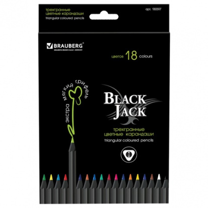 Карандаши цветные "Black Jack", 18 цв, трехгранные, черное дерево