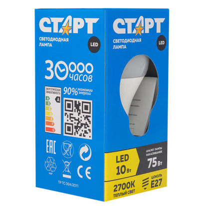 Лампа светодиодная Старт LED, серия "Стандарт" 10W27, тип А "груша", Е27, 2700К, теплый свет, 30000ч Лампа светодиодная Старт LED, серия "Стандарт" 10W27, тип А "груша", Е27, 2700К, теплый свет, 30000ч