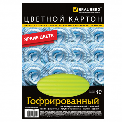 Картон цветной А4 ГОФРИРОВАННЫЙ, 10 листов 10 цветов, в папке, 250 г/м2, A4