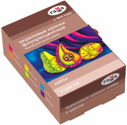 Краски акриловые декоративные Гамма "Хобби", 6 цветов, 20мл, флуоресц., картон. упак.