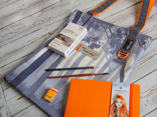 Комлект "Forest": сумка-шоппер, хлопковый скетчбук, набор акварели, кисть, карандаш и ластик