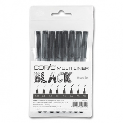 Набор ручек капиллярных Copic черный 8шт (0.05,0.1,0.3,0.5,0.8,1.0мм, Brush S + M)