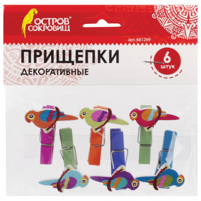 Прищепки декоративные, "Птички", 6 штук, ассорти