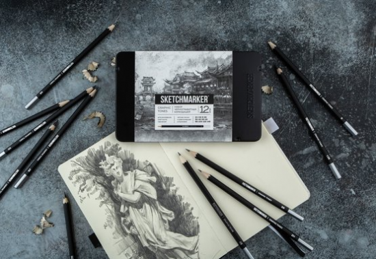 Набор чернографитовых карандашей Sketchmarker, 12 штук (2Н-14B), в металлическом пенале