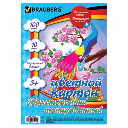 Картон цветной А4 ТОНИРОВАННЫЙ В МАССЕ, 100 листов 10 цветов, в папке, 220 г/м2, A4