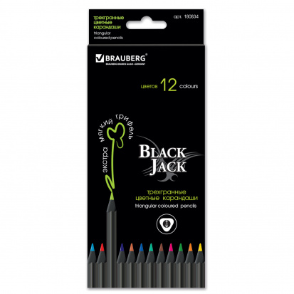 Карандаши цветные "Black Jack", 12 цв, трехгранные, черное дерево, карт. упаковка
