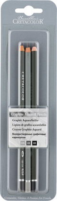 Набор из 3 профессиональных водорастворимых (акварельных) чернографитовых карандашей в блистере sela