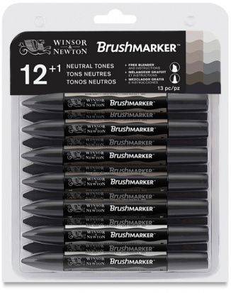 Набор художественных маркеров "Brush", 12 цветов + 1 блендер, оттенки серого