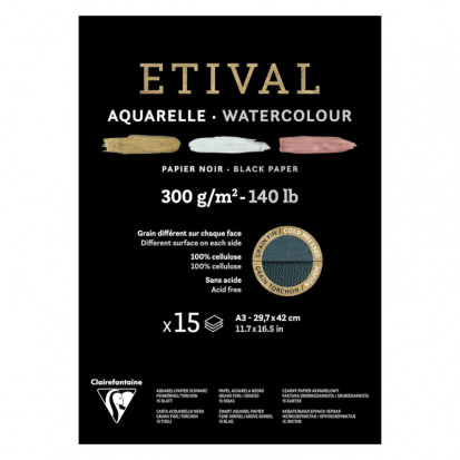Склейка для акварели "Etival", 15л., A3, 300г/м2, Rough \ Cold Pressed, черная 