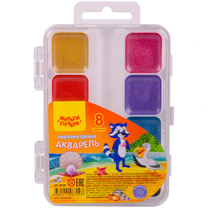 Акварель "Енот на острове", медовая, 08 цветов, перламутровая, без кисти, пластик Акварель "Енот на острове", медовая, 08 цветов, перламутровая, без кисти, пластик