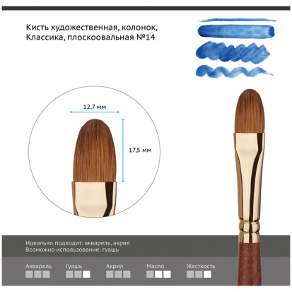 Кисть художественная "Классика", колонок, плоско-овальная, №14