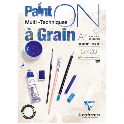 Склейка для смешанных техник "Paint'ON with grain", 20л., A4, 250г/м2, экстра-белый